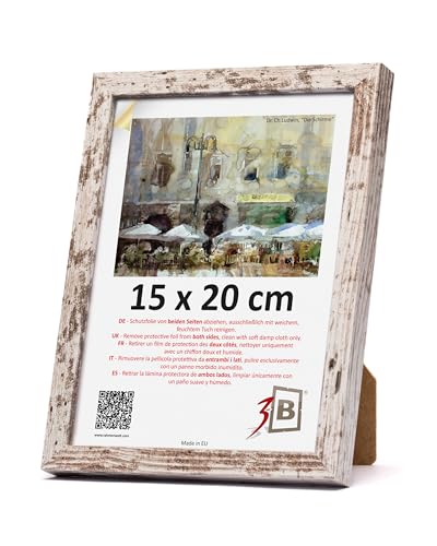 3-B Bilderrahmen MEGA - Vintage-Weiß (Rustical mit sichtbarer Holzmaserung) - 15x20 cm - Holzrahmen, Fotorahmen, Portraitrahmen mit Acrylglas von 3-B