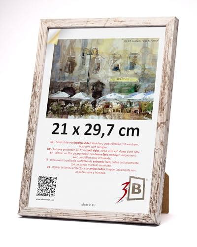 3-B Bilderrahmen MEGA - Vintage-Weiß (Rustical mit sichtbarer Holzmaserung) - 21x29,7 cm (A4) - Holzrahmen, Fotorahmen, Dokumentenrahmen mit Acrylglas von 3-B
