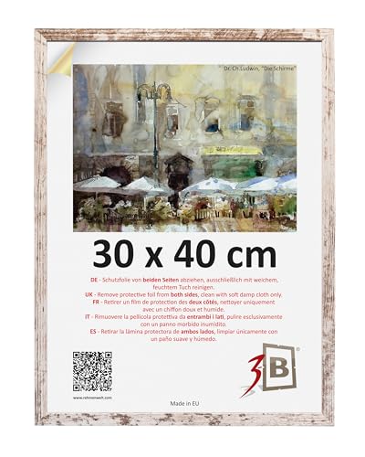 3-B Bilderrahmen MEGA - Vintage-Weiß (Rustical mit sichtbarer Holzmaserung) - 30x40 cm - Holzrahmen, Fotorahmen, Dokumentenrahmen mit Acrylglas von 3-B