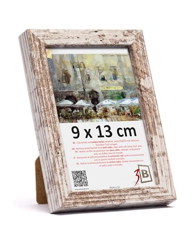 3-B Bilderrahmen MEGA - Vintage-Weiß (Rustical mit sichtbarer Holzmaserung) - 9x13 cm - Holzrahmen, Fotorahmen, Portraitrahmen mit Acrylglas von 3-B