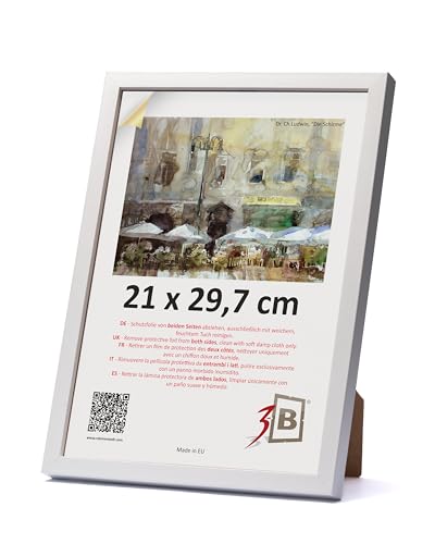3-B Bilderrahmen MEGA - Weiß - 21x29,7 cm (A4) - Holzrahmen, Fotorahmen, Dokumentenrahmen mit Acrylglas von 3-B