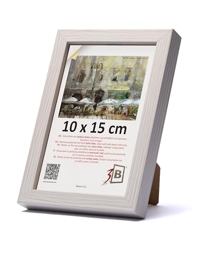 3-B Bilderrahmen MEGA - Weiß mit optischer Holzmaserung - 10x15 cm - Holzrahmen, Fotorahmen, Portraitrahmen mit Acrylglas von 3-B