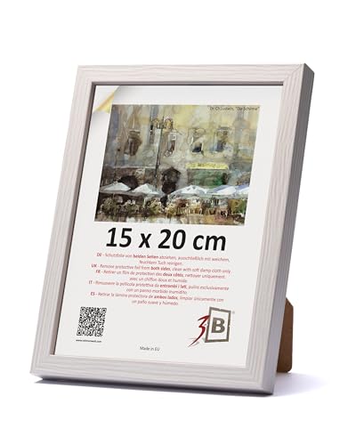 3-B Bilderrahmen MEGA - Weiß mit optischer Holzmaserung - 15x20 cm - Holzrahmen, Fotorahmen, Portraitrahmen mit Acrylglas von 3-B