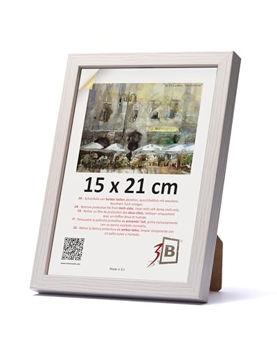3-B Bilderrahmen MEGA - Weiß mit optischer Holzmaserung - 15x21 cm (A5) - Holzrahmen, Fotorahmen, Dokumentenrahmen mit Acrylglas von 3-B