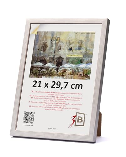 3-B Bilderrahmen MEGA - Weiß mit optischer Holzmaserung - 21x29,7 cm (A4) - Holzrahmen, Fotorahmen, Dokumentenrahmen mit Acrylglas von 3-B