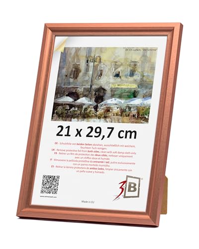 3-B Bilderrahmen MORI - Kupferrot - 21x29,7 cm (A4) - Holzrahmen, Fotorahmen, Dokumentenrahmen mit Acrylglas von 3-B