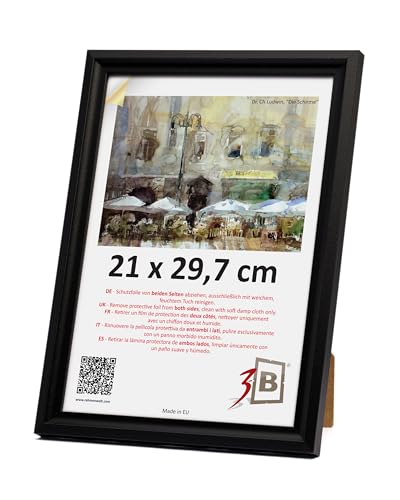 3-B Bilderrahmen MORI - Schwarz - 21x29,7 cm (A4) - Holzrahmen, Fotorahmen, Dokumentenrahmen mit Acrylglas von 3-B