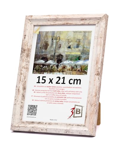 3-B Bilderrahmen MORI - Vintage-Weiß (Rustical mit sichtbarer Holzmaserung) - 15x21 cm (A5) - Holzrahmen, Fotorahmen, Dokumentenrahmen mit Acrylglas von 3-B