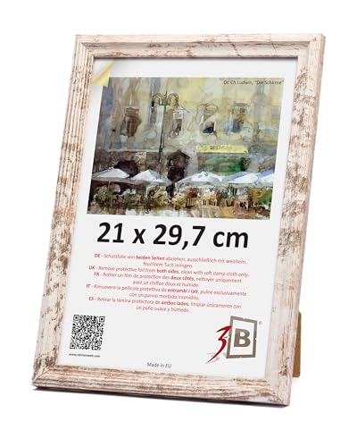 3-B Bilderrahmen MORI - Vintage-Weiß (Rustical mit sichtbarer Holzmaserung) - 21x29,7 cm (A4) - Holzrahmen, Fotorahmen, Dokumentenrahmen mit Acrylglas von 3-B