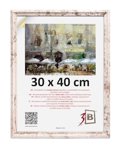 3-B Bilderrahmen MORI - Vintage-Weiß (Rustical mit sichtbarer Holzmaserung) - 30x40 cm - Holzrahmen, Fotorahmen, Dokumentenrahmen mit Acrylglas von 3-B