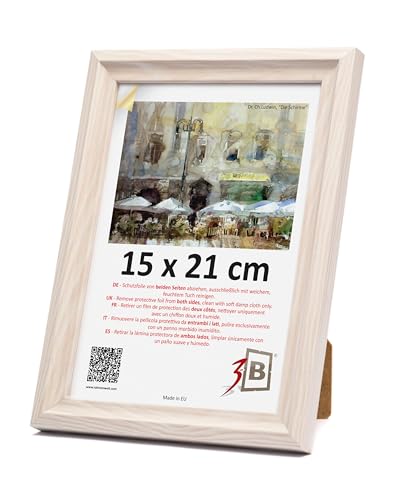 3-B Bilderrahmen MORI - Weiß mit optischer Holzmaserung - 15x21 cm (A5) - Holzrahmen, Fotorahmen, Dokumentenrahmen mit Acrylglas von 3-B