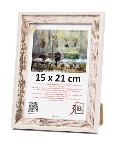 3-B Bilderrahmen SALO DUO - Vintage-Weiß (Rustical mit sichtbarer Holzmaserung) / Weiß - 15x21 cm (A5) - Holzrahmen, Fotorahmen, Dokumentenrahmen mit Acrylglas von 3-B