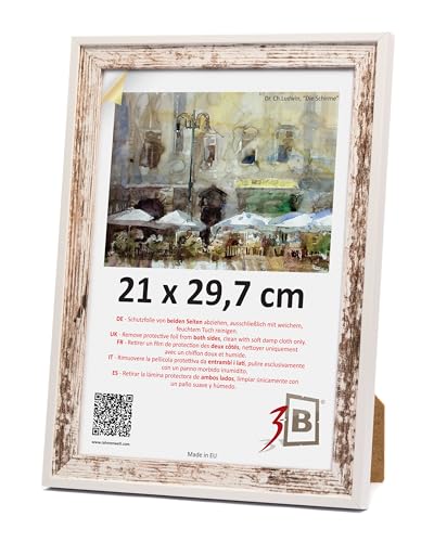 3-B Bilderrahmen SALO DUO - Vintage-Weiß (Rustical mit sichtbarer Holzmaserung) / Weiß - 21x29,7 cm (A4) - Holzrahmen, Fotorahmen, Dokumentenrahmen mit Acrylglas von 3-B