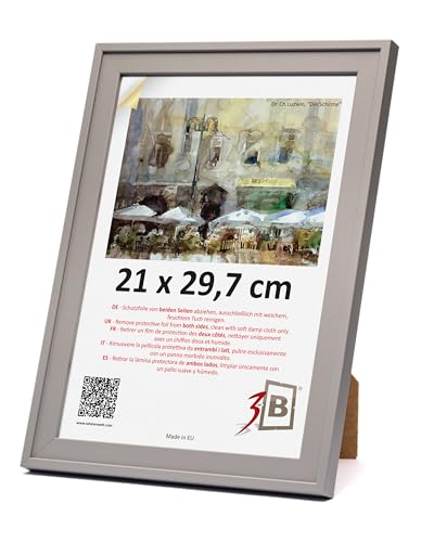 3-B Bilderrahmen SALO - Grau - 21x29,7 cm (A4) - Holzrahmen, Fotorahmen, Dokumentenrahmen mit Acrylglas von 3-B