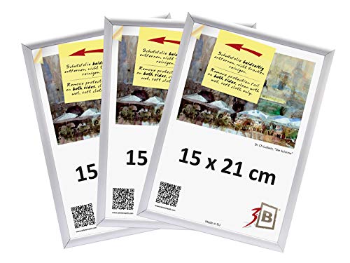 3-B Bilderrahmen ALU Foto - 3-Pack - 15x21 cm (A5) - Silber matt - Alurahmen, Fotorahmen mit Polyesterglas. Sparpaket! von 3-B