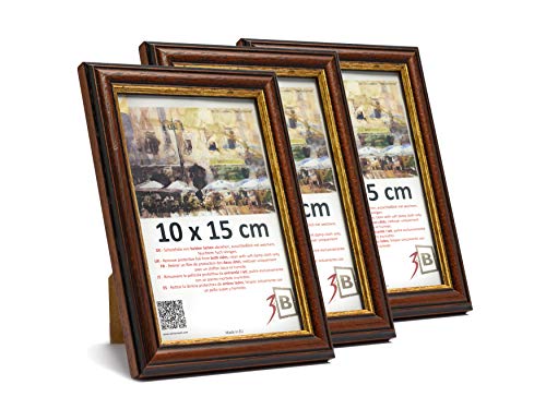 3-B Bilderrahmen BARI RUSTIKAL - 3-Pack - dunkel braun - 10x15 cm - Holzrahmen, Fotorahmen, Portraitrahmen mit Acrylglas von 3-B