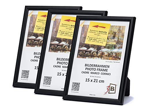 3-B Bilderrahmen GERA - 3-Pack - Schwarz - 15x21 cm (A5) - Holzrahmen, Fotorahmen, Portraitrahmen mit Acrylglas von 3-B