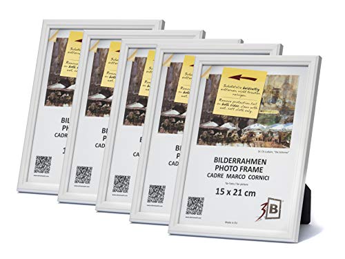 3-B Set 5 Stk. - Bilderrahmen JENA - weiß - 15x21 cm (A5) - Holzrahmen, Fotorahmen, Portraitrahmen mit Plexiglas von 3-B