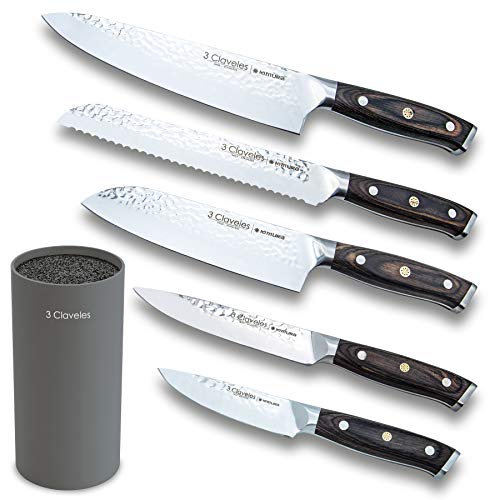 3 Claveles 5-teiliges Profi-Küchenmesser-Set aus Edelstahl mit Messerhalter aus Kimura-Fasern von 3 Claveles