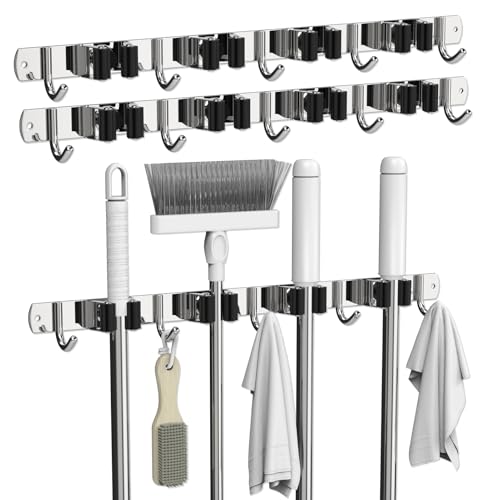 3-H 2 Stück Besenhalterung Wand, Gerätehalter Wandhalterung, Edelstahl Gartengerätehalter 4 Halter und 5 Haken, Selbstklebend Werkzeughalter Organizer für Besen Badezimmer Garage Garten, Silber von 3-H