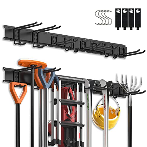 3-H Garage Aufbewahrung,120 cm Einstellbar 10 Wandhalterung Wandhaken und 4 S Haken 4 Aufbewahrungsgurt,Werkzeugregal Wand Werkzeughalter für Garagen Keller Werkstatt Besen Rechen Werkzeug Organizer von 3-H