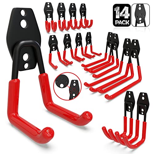 3-H 14 Stück Wandhaken Garage Haken Schwerlast Doppelhaken Multi Größe Garage Storage Hooks für Leiter Fahrrad Geräte Garten Rot von 3-H