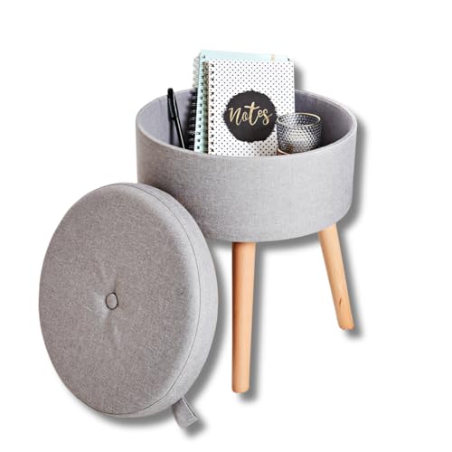 3 Pagen® Multifunktionaler Hocker mit Stauraum rund, Sitzhocker bis 120 kg belastbar, Deckel abnehmbar, gepolsterter Hocker, Wende-Deckel mit Holzplatte, Durchmesser 36 cm, grau von 3 Pagen