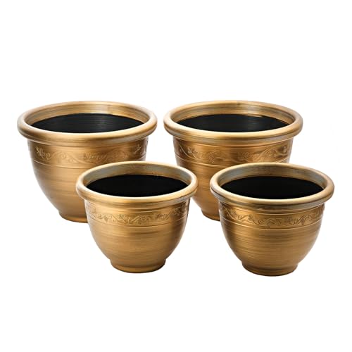 3 PAGEN® Pflanztöpfe Set im Retro-Stil aus Kunststoff – 4er-Set Pflanztöpfe in Zwei Größen – wetterbeständig und leicht – Verzierung am Rand – bronzefarbenes Topf-Set zum bepflanzen von 3 PAGEN