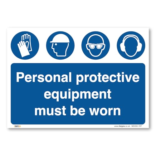 Schild mit englischer Aufschrift "Personal Protective equipment must be wear", A1, 841 x 594 mm, 3 mm starrer Kunststoff, PSA Schild mit englischer Aufschrift "Personal Protective equipment must be wear", A1, 841 x 594 mm, 3 mm starrer Kunststoff, PSA von 3 Signs