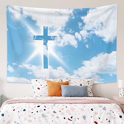 319 Wandteppich Jesus Kreuz Heiliger Blauer Himmel Und Weiße Wolke Heiliges Licht Ostern Herr Und Engel Im Himmel Wandteppiche Neuheit Wandbehang Für Room Hausdeko Deko 130X150Cm von 319