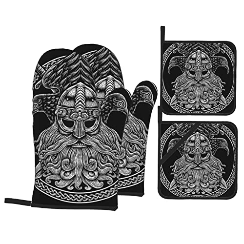 4 Stück Handschuh Set Vintage Wikinger Nordischer Gott Odin Krähenschwerter Topflappen Handschuh Weichem Küchenhandschuhe Geeignet Oven Mitts Für Zum Grillen, Die Küche, Mikrowellenofen von 321