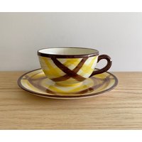 Vernonware Organdie Flachtasse Und Untertasse Gelb Braun Kariert Produziert 1937 Bis 1958 von 345glenhaven