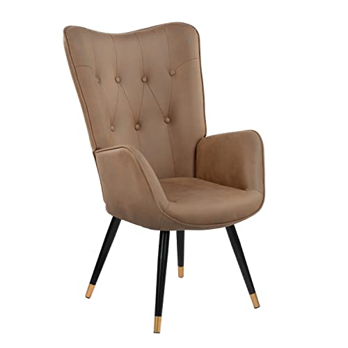 39F FURNITURE DREAM Mid Century Armchair with Tufted Fabric Black and Gold Legs for Bedroom, Office, Living Room, Brown, 68x73x106 cm von 39F FURNITURE DREAM