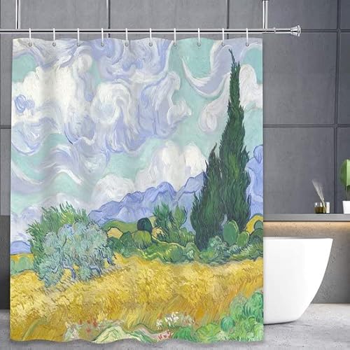 3BMT Duschvorhang waschbar mit Ringen - Design - Weizenfeld mit Zypressen von Van Gogh - Duschvorhang Anti Schimmel - 100% Polyester - 180 x 200 cm von 3BMT