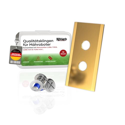 3DHerb® 36 x Hochwertige Ersatzmesser kompatibel mit Mammotion LUBA, LUBA 2, YUKA, LUBA Mini & YUKA Mini - 0,9 mm Blattstärke für langes Rasenmäher Vergnügen - Titan Klingen - Schrauben mit Sicherung von 3DHerb
