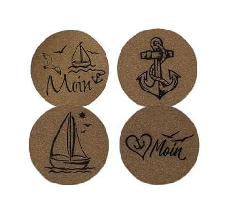 Kork - Untersetzer Set 4 STK mit Gravur mit Maritim-Motiv, Anker, Möwe, Schiff, Moin, Seaside,DIY,3DMB von 3DMB