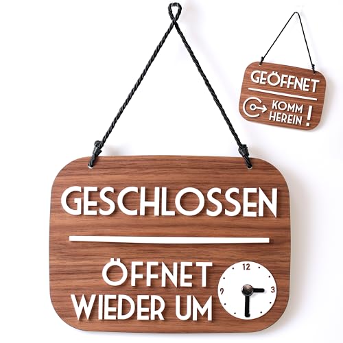 3DP Geöffnet Geschlossen Schild Bin gleich zurück mit Saugnapf, Vintage Retro - Öffnungszeiten änderbar, mit Zeitanzeige und beweglichen Zeigern (Nussbaum, Deutsch) von 3DP