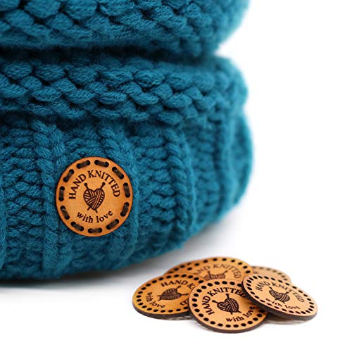 Runde handgefertigte Lederetiketten "HAND KNITTED with love" Mod. RO01 - Exklusive gravierte echte italienische Leder-Tags - Handmade leather labels tags (15 Stück - Standard Text) von 3DP