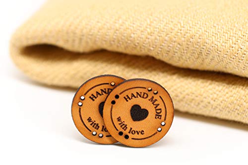 Runde handgefertigte Lederetiketten "HAND MADE with love" Mod. RO03 - Exklusive gravierte echte italienische Leder-Tags - Handmade leather labels tags (15 Stück - Standard Text) von 3DP