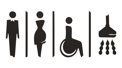 SIGNS - 15 cm Geprägt Dusche Schilder Selbstklebend Toilette türschild, Damen Herren wc schild Rollstuhlfahrer Behindert (1 Mann + 1 Frau + 1 Behinderte + 1 Dusche, Schwarz) von 3DP
