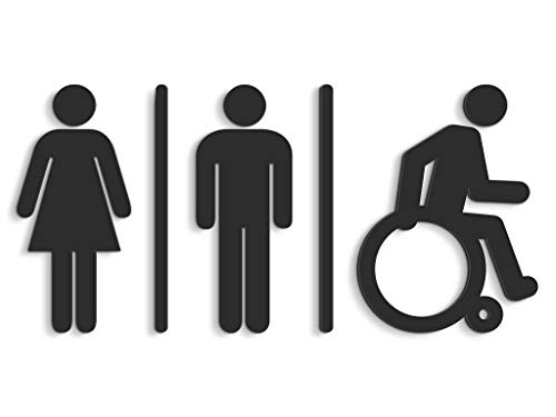 SIGNS - Geprägt Toilette Design türschild WCH wc schilder selbstklebend - Moderne damen wc aufkleber bad schild für türen - Mann Frau und Rollstuhlfahrer Behindert Toilettenschild Restroom (Schwarz) von 3DP