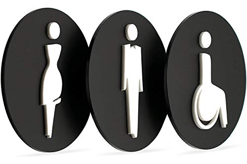 Signs - Elegant, Set 3X - Geprägte Toiletten Schild Türen - Türschild WC Damen Herren Behinderten - Toilettenschild Wc Tuerschilder - WC behinderten Schild (Prime Runde - Schwarz) von 3DP