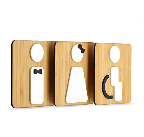 Signs - Styled Knot, Set 3X - Geprägte Toiletten Schild Türen - Türschild WC Damen Herren Behinderten - Toilettenschild Wc Tuerschilder - WC behinderten Schild (Prime Quadratisch - Bambusholz) von 3DP