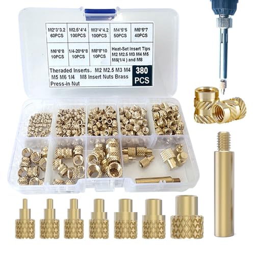 380 Stück Gewindeeinsätze Set mit M2, M2,5, M3, M4, M5, M6 (1/4), M8 Messing Gewindeeinsätzen für 3D-Druck Komponenten und Kunststoffteile, Messing Metrische Eingerollte Muttern von 3DZWMAN