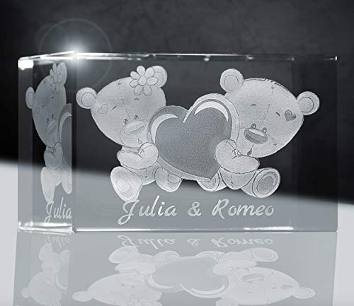 3D Glas | Ich Liebe Dich | Motiv: Teddy | 80x50x50mm | Partnergeschenk (mit Gravur (eure Namen)) von 3Dglas