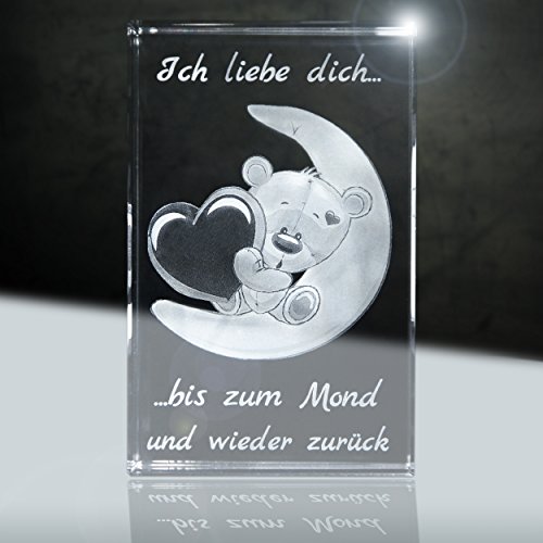 3D Glas | Ich Liebe Dich | Motiv: Teddy Mond | 80x50x50mm | Partnergeschenk von 3Dglas