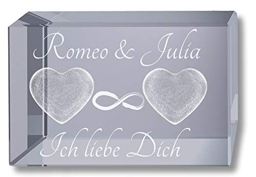 3D Kristall Quader L 80mm | 2 Herzen und Unendlichkeit | Namen und Liebsspruch graviert | Geschenk der Liebe von 3Dglas