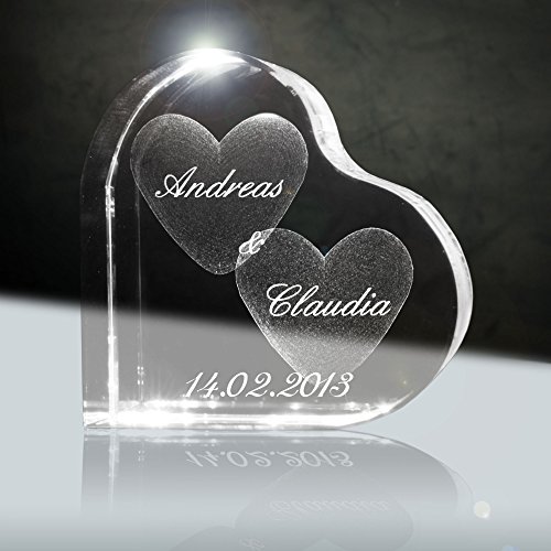 3D Laser Glaskristall Herzform mit deiner Wunschgravur (Namen, Datum und Zusatztexten - das ideale Liebesgeschenk zB. für den Valentinstag von 3Dglas