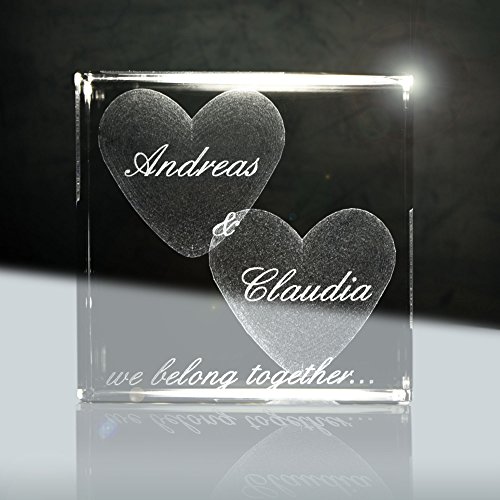 3D Laser Glaskristallwürfel | Layout: Herz mit deiner Wunschgravur (Namen, Datum und Zusatztexten - das ideale Liebesgeschenk für euren Jahrestag) von 3Dglas