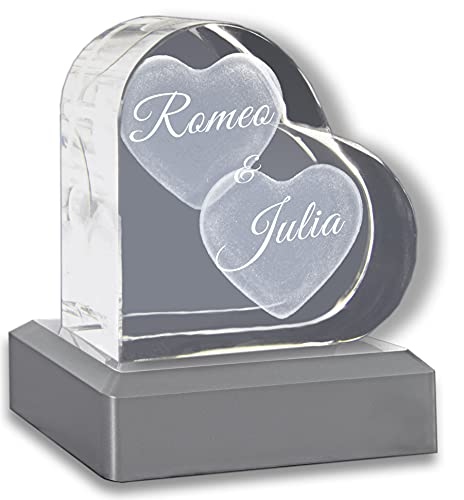 3Dglas Stimmungslicht LED Valentinstags Special | Herzform mit deiner Wunschgravur | GRATIS Leuchtsockel von 3Dglas